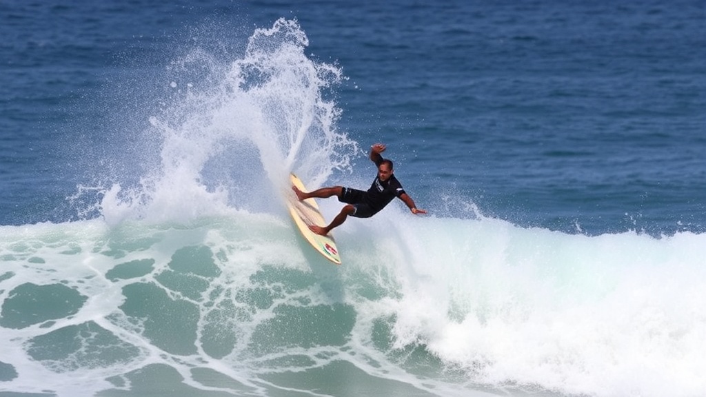 서핑 선수가 파도의 크리티컬 섹션에서 공중으로 점프하여 회전 기술을 수행하는 장면