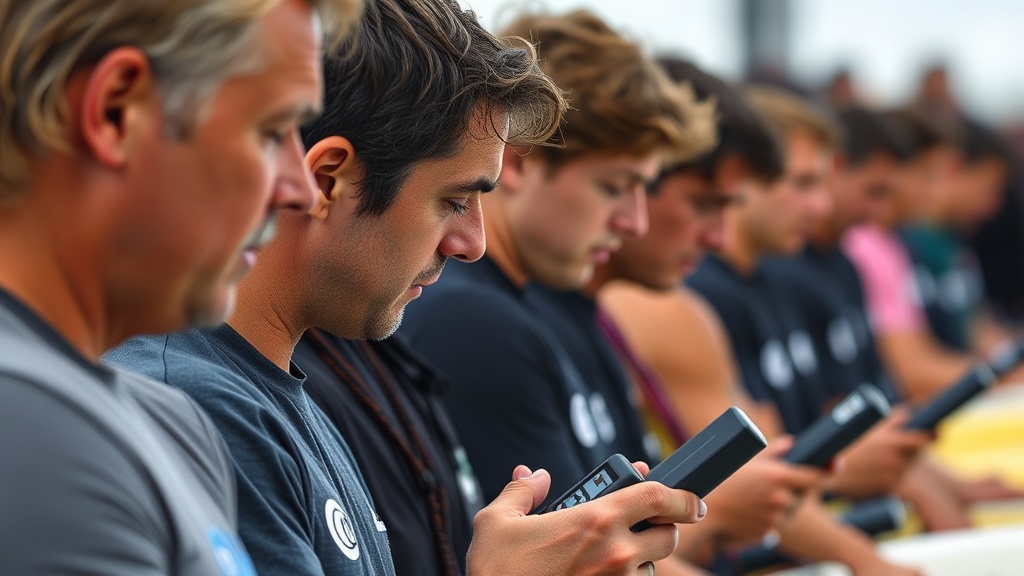 서핑 대회 심판석에서 여러 명의 심판이 전자 채점 장비를 사용하여 선수의 라이딩 점수를 입력하는 장면