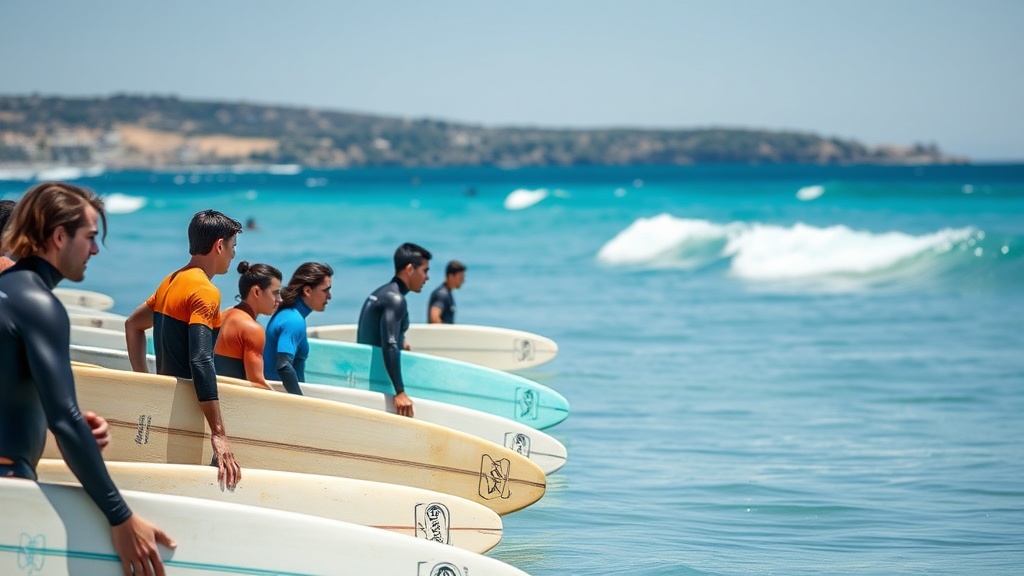 서핑 경기 중 히트에 참가한 선수들이 바다에서 파도를 기다리며 위치를 점하고 있는 모습